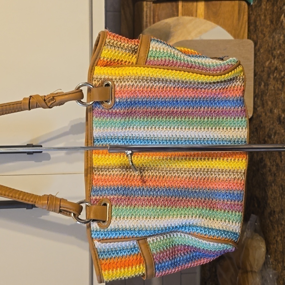 Rosetti| Womens Bright Rainbow Stripe Crochet Type Shoulder Purse/ Bag Boho Sz.L